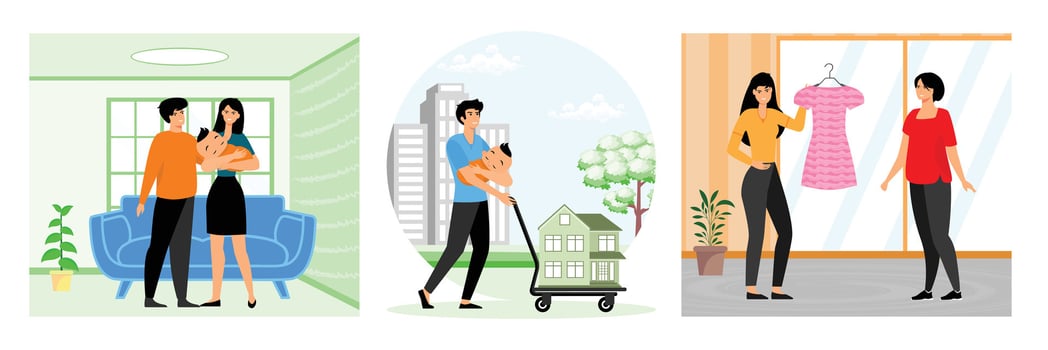 Happy Family Spending Time Together. Father Carrying Baby. Two Women Discussing a Dress. Set flat modern illustration vector