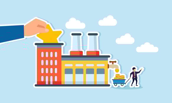 A star placed in a factory produces dollar coins collected by a businessman, illustration of improved product quality boosting factory revenue vector