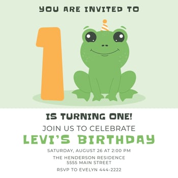 Greeting and invitation card for first kids Birthday party. Cute baby frog and number 1 in flat childrens style. illustration, design for card, poster, event vector
