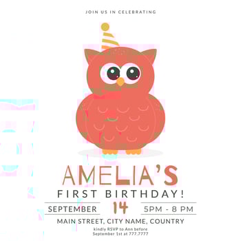 Greeting and invitation card for kids first Birthday party. Cute baby owl in flat childrens style. illustration, design for card, poster, event vector