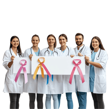 Medical Team Holding a Pink Ribbon Sign On Transparent Background png