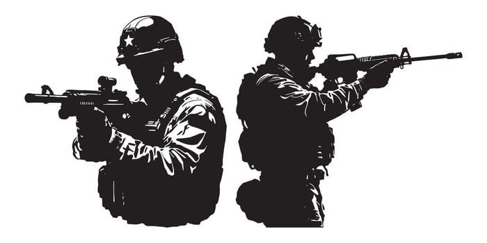 Silhouette set of American soldier holding a gun. On white background vector