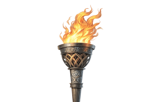 Burning Torch, Illuminated Symbol, Ancient Design, Fiery Flame, Metal Craftsmanship, Ornate Detail, png