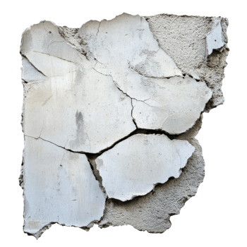 Cracked concrete wall with broken sections against a transparent isolated background, broken concrete cement wall, isolated background png
