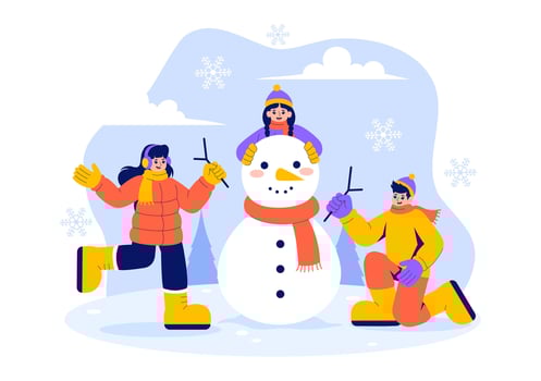 Happy People Building a Snowman Together During Winter in a Flat Cartoon Illustration vector
