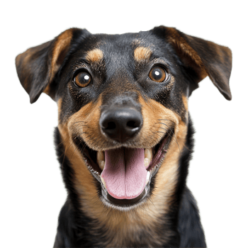 Happy dog with a big smile featuring soft fur and bright eyes on a clean transparent background in a joyful pose, Happy dog transparent png