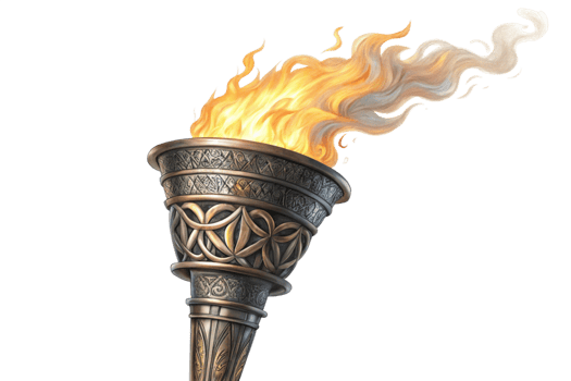 Ornate Bronze Torch, Flaming Ember, Illuminated Path, Ancient Artifact, Mythological Symbol, Heroic png