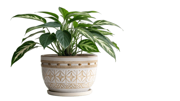 Elegant Dieffenbachia Plant in Ornate Ceramic Pot with Saucer png