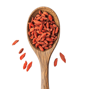 Dried goji berries in a wooden spoon resting on a transparent background, showcasing their vibrant red color and texture, dried goji berries in wood spoon on transparent background png