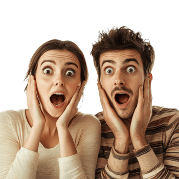 Amazed young couple expressing joy and surprise in a bright, isolated setting, happy amazed couple of young people, file of isolated object on transparent background png