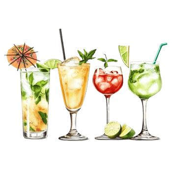 Cool and refreshing tropical cocktails featuring pina colada, margarita, and mojito at a summer party, Titre Exotic Cocktail, Colada, Margarita, and Mojito on transparent background png