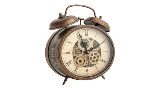Vintage Alarm Clock Exposed Gears, Timepiece, Antique Design, Brown, Roman Numerals png