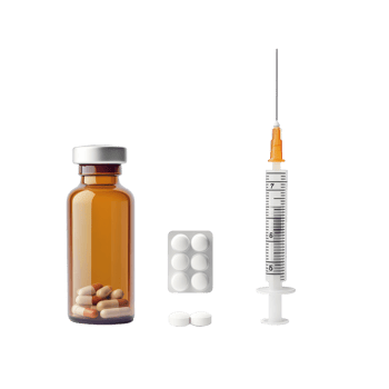 Pill bottle and plastic syringe isolated on a transparent background for medical and pharmaceutical purposes, pill and bottle and plastic syringe isolated on transparent background png