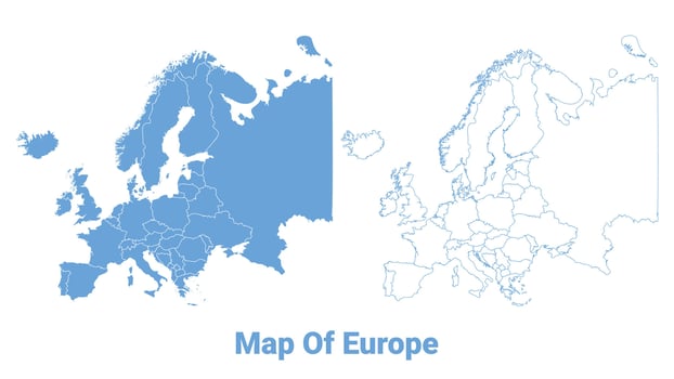 Europe Blue map flat regions border outline illustration vector