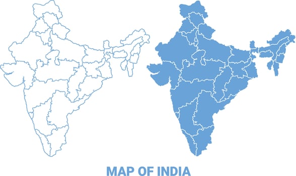 India Blue map flat regions border outline illustration vector