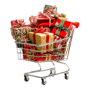 Shopping cart filled with colorful Christmas gifts isolated on a transparent background during the holiday season, shopping cart full of christmas gifts isolated on transparent background png
