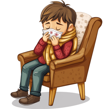 A young patient sitting in a chair, feeling unwell due to cold and flu symptoms while resting at home, file no background Patient with cold and flu sitting on a chair png
