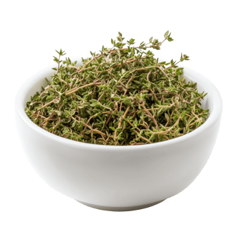 Dried thyme leaves in a transparent bowl on a clean transparent background ready for culinary use or flavoring dishes, dry thyme leaves in transparent bowl isolated on transparent background png