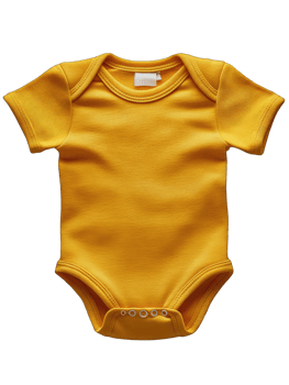 A bright yellow baby onesie displayed on a neutral background. png