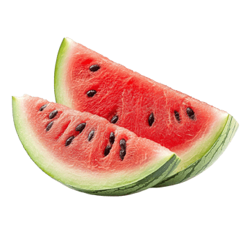 Freshly sliced watermelon pieces showing vibrant red flesh and black seeds on a clean transparent background, Sliced of watermelon isolated on transparent background png
