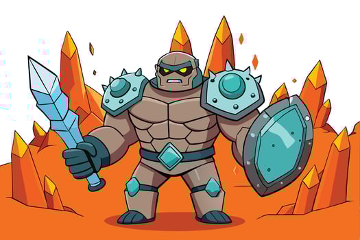 Fantasy stone hero with crystal formations and a shield, standing amidst fiery rocks in a vibrant and mystical volcanic terrain vector
