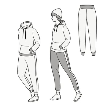 Stylized drawings of hooded sweatshirts and jogger pants, perfect for comfortable and casual fashion themes for winter or sports vector