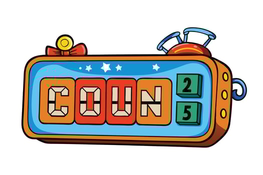 Colorful cartoon style countdown timer with digital and mechanical elements, perfect for gaming, apps, or playful educational content vector