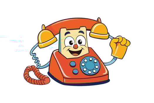 Cheerful vintage rotary phone cartoon character with a red body and blue dials isolated on white background vector