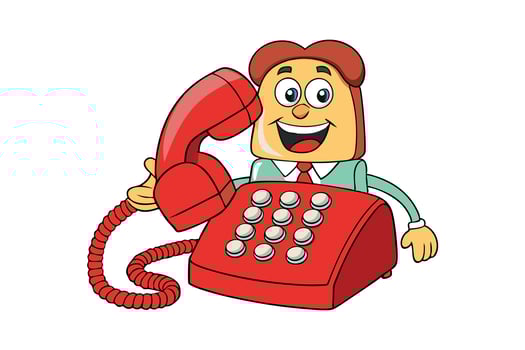 Smiling vintage telephone cartoon character holding a receiver with red and white design, vibrant retro style vector