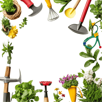 Gardening Tools and Plants Arranged in a Circle png