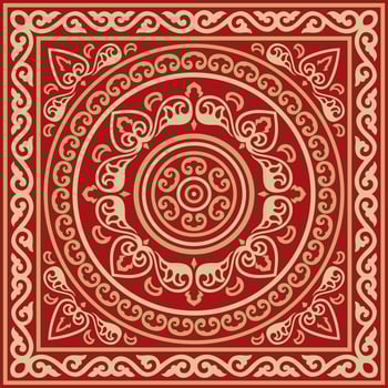 square gold with red ancient Russian ornament. Slavic rectangle, border, frame. vector