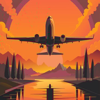 Sunset Scene with Airplane Taking Off Above Modern City Buildings vector