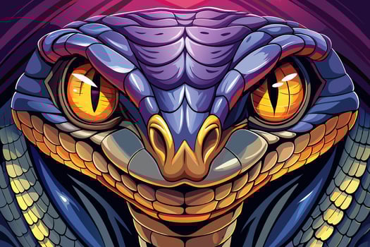 Detailed illustration of a fierce snake with glowing eyes and blue scales in a fiery setting vector