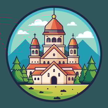 cute church in the mountains with trees and mountains vector