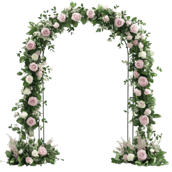 A wedding arch with pink roses and green leaves png
