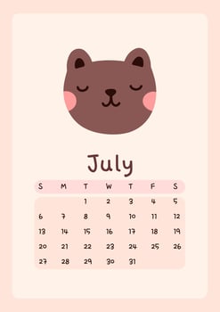 Calendar page for July 2025, week starts on Sunday. Cute design with a bear in pastel colors. Perfect for kids nursery, home or office decor. Schedule for planning, organization. vector