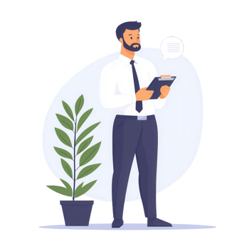 A businessman holding a clipboard, surrounded by a plant, contemplating ideas. png