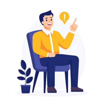 A cheerful man sitting in a chair, expressing ideas with enthusiasm and clarity. png