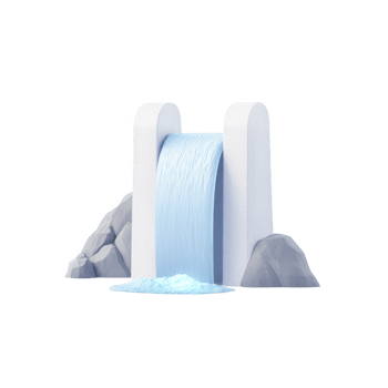 A digital illustration of a cascading waterfall with elegant stone structures. png