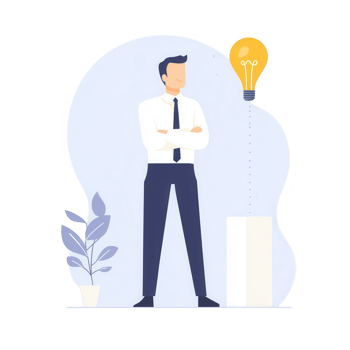 A confident businessman stands with an idea light bulb above him, surrounded by plants. png