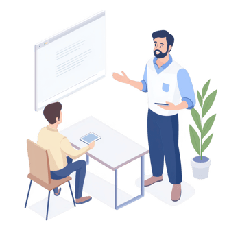 A professional discussion between two colleagues in a modern office setting. png