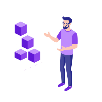 A man explaining business concepts with 3D blocks in a modern design. png