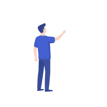 A man in a blue shirt pointing towards a future opportunity with confidence and vision. png