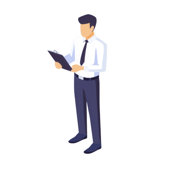 A professional man in a suit reviewing documents with focus and determination. png
