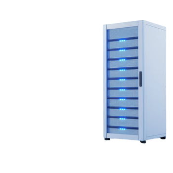 High-tech server rack with illuminated components, ideal for data centers and IT storage. png