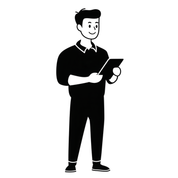 Man holding a tablet, engaged in work or study, showcasing focus and determination. png