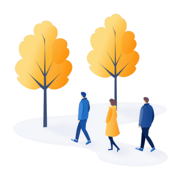 People walking through a snowy path surrounded by vibrant autumn trees. png