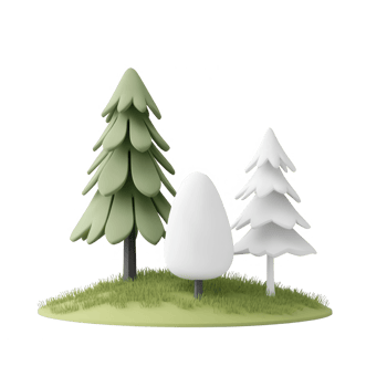 Stylized trees in a simple landscape with green grass and white backgrounds. png