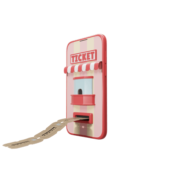 Perspective view 3D render red smartphone online ticket booking illustration. Ticketing app 3D icon png