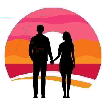 A couple silhouetted against a vibrant and glowing sunset view vector